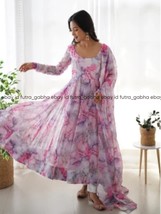 Pink tie and dye flower printed organza anarkali dresses,partywear anark... - $50.00
