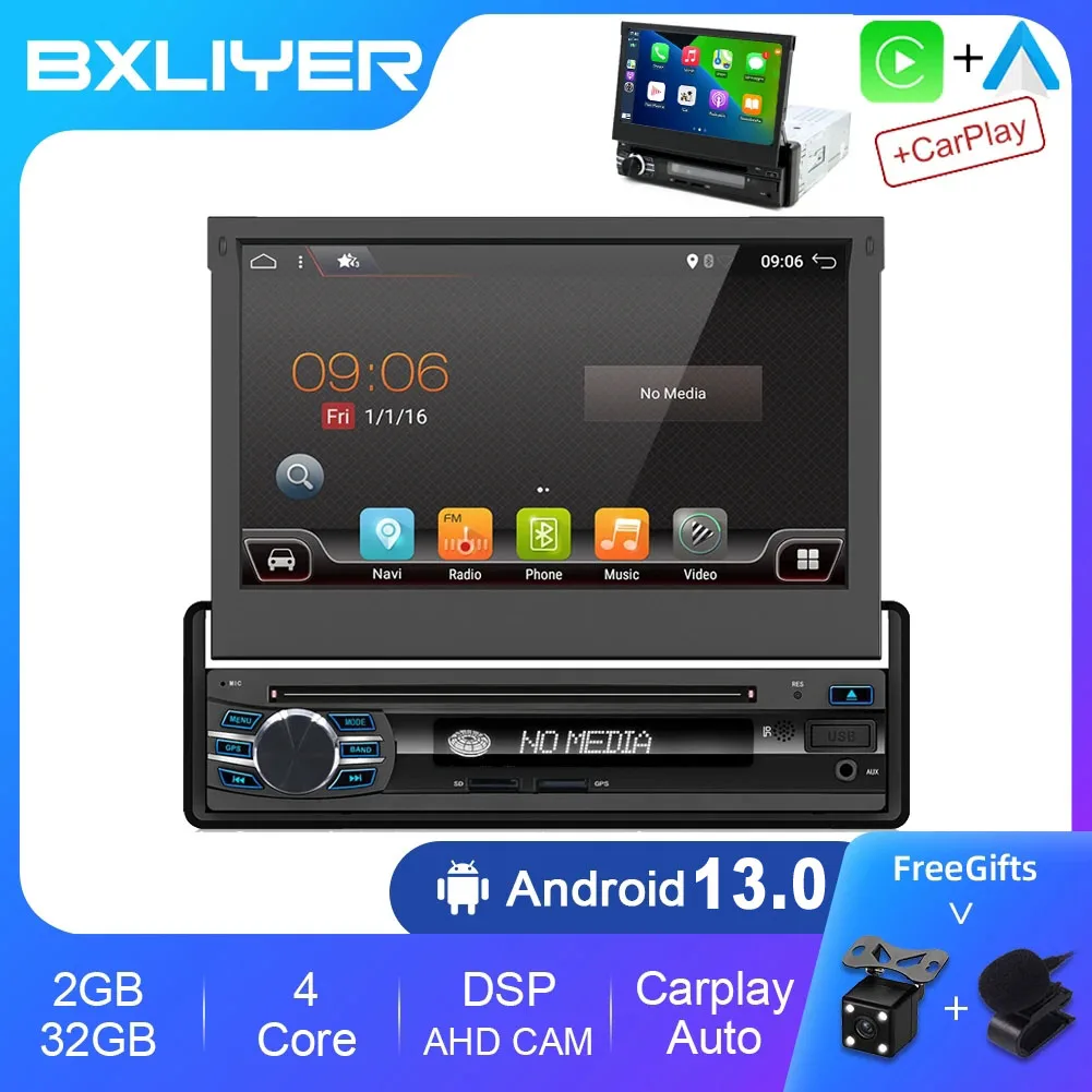 1 Din Car Radio Android 13.0 7&quot; Retractable Screen Multimedia Video Player For - £217.82 GBP