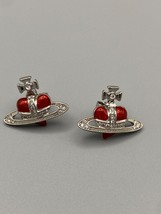 Vivienne Westwood Red Diamante Heart CZ Encrusted Studs W/ Signature Orb Design - $79.48