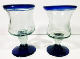 Mexican Hand Blown Margarita Glasses Goblets Vintage Cobalt Blue Rim Set of 2 - £16.29 GBP