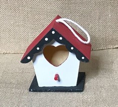 Miniature Handmade Birdhouse Decoration Whimsical Heart Opening Polka Dot Trim - £5.53 GBP