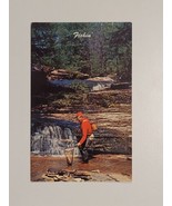 Fishing Postcard Man Holding Fish &quot;Fishin&#39;&quot; Forest Waterfall Photochrome  - £4.96 GBP