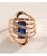 14K Rose Gold Rectangle Blue Sapphire CZ Accent Swirl Ring Size 9 1/2 - £134.01 GBP