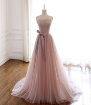 Pink tulle long prom dress Strapless A-line evening dress Floor Length - £121.71 GBP