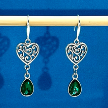 BAR Emerald Green Crystal &amp; Silver Heart Dangle Earrings - £38.93 GBP