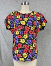 Vtg 80s Multi Color Floral Bold Maximalist Print Casual Blouse Shirt Sz ... - $19.35