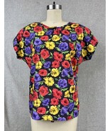 Vtg 80s Multi Color Floral Bold Maximalist Print Casual Blouse Shirt Sz ... - £15.22 GBP