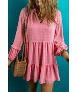 Pink Swiss Dotted Split Neck Tiered Ruffled Short Dress - £24.92 GBP - £25.72 GBP