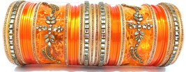 Indian Style Kundan Chura Bridal Orange Gold Wedding Dulhan Bangle Set Size 2.6 - £23.17 GBP