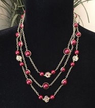 Vintage Coldwater Creek Triple Strand Red Luster Bead Necklace Gold Tone Chain - $20.00