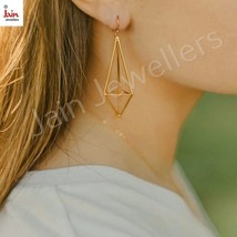 18 Kt Hallmark Real Solid Yellow Gold Geometric Geo Kite Dangle Drop Ear... - £937.70 GBP