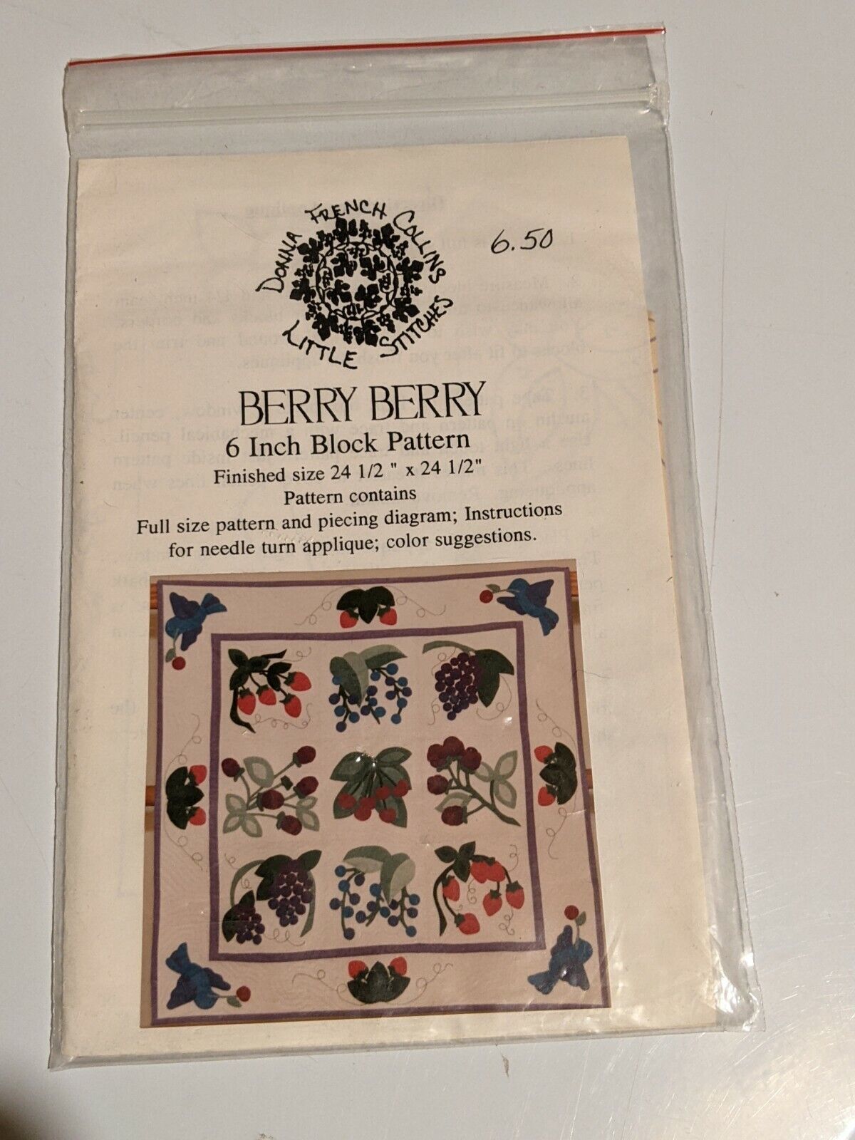Donna French Collins Little Stitches Berry Berry 6" Block QUILT PATTERN 24.5" - $9.49