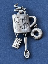 JJ Signed Steaming Coffee Cup Mug Lover w Sugar Spoon &amp; Donut Charm SIlvertone - £11.51 GBP