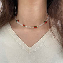 White &amp; Red Beaded Cherry Station Necklace - £10.29 GBP