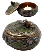 Buddha Zen Frog Sitting On Lily Pad Decorative Trinket Jewelry Box Candle Holder - $25.99