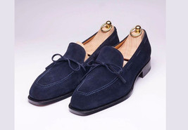Elegantly Designed Handmade Men Navy Blue Suede Dress Formal Moccasins Shoes - £111.37 GBP