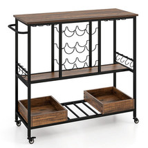 3 Tiers Bar Cart on Wheels with Glass Racks-Rustic Brown - Color: Rustic Brown - $2,870.41 MXN