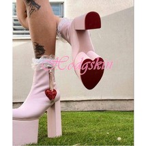 Sweet Heart Platform Ankle Boots Round Toe Solid Pink Women Shoes Chunky High He - £166.03 GBP