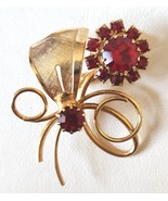 Floral Brooch Pin Red Rhinestones Gold Tone Setting Prong Set Stones 1960&#39;s - $19.95