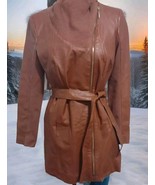 New Women&#39;s Iman Asymmetrical Gold Zip Belted Genuine Leather Trench Coa... - $1,951.24 MXN