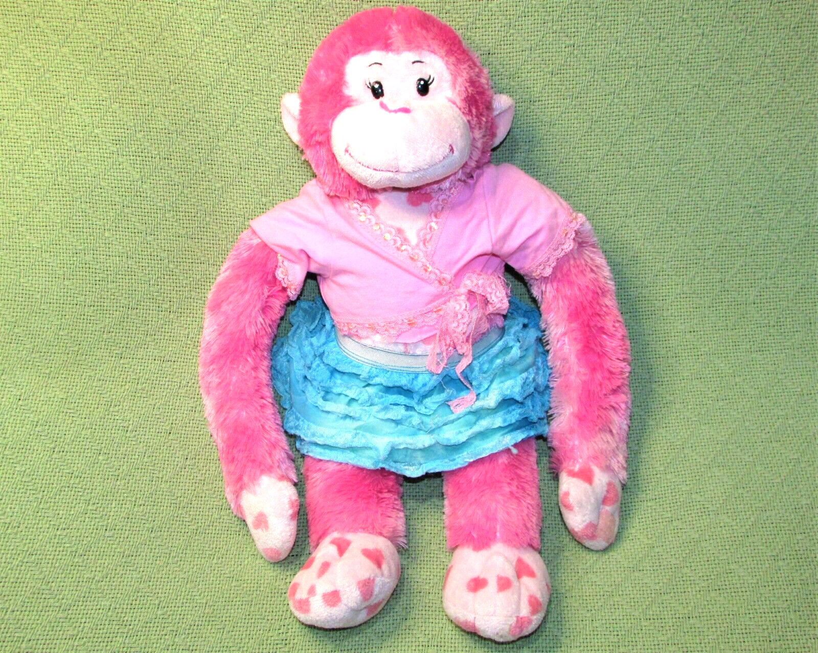 Primary image for 18" BUILD A BEAR MONKEY PINK HEART HANGING CHIMP PLUSH W/BLUE SKIRT PINK SHIRT