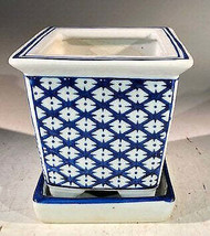 &quot;Blue on White Porcelain Bonsai Pot - Square With Attached Humidity Drip Tray... - £31.18 GBP