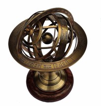 Brass 11&quot; Armillary Sphere Globe With Wooden Base table x-mas gift item - £70.52 GBP
