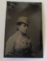 Antique Tin Type Photo Woman in Hat &amp; Overcoat Cross Necklace - £7.60 GBP