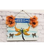 Welcome Door Sign Wood Metal Dragonfly Floral Hanging Handmade 14x11 New - £11.69 GBP
