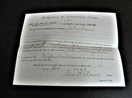Paper to Sheriff, Filed Dec. 10, 1876, Subpoena in criminal Case Document -Ohio. - £14.98 GBP