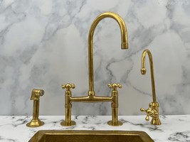 Unlacquered solid brass 8&quot; spread Brass Bridge Kitchen Faucet Cross Handles with - £347.91 GBP+