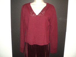 ECI New York Sweater Size S Small Burgundy Crocheted Trim Long Sleeves - £8.14 GBP