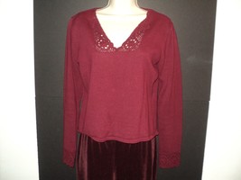 ECI New York Sweater Size S Small Burgundy Crocheted Trim Long Sleeves - £7.95 GBP