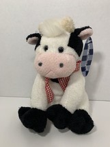 Animal Adventure black white sitting plush cow red gingham ribbon bow blue eyes - £11.60 GBP