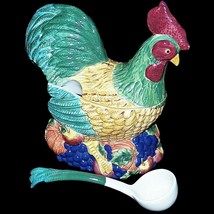 Majolica Figural Chicken Rooster Soup Tureen or Cookie Jar with Ceramic Ladle - £55.94 GBP