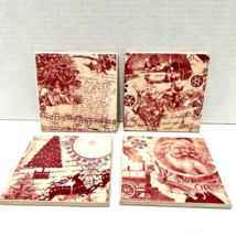 Vintage Christmas Ceramic Coasters Tiles 4.25&quot; Red and Cream Set of 4 - £13.08 GBP