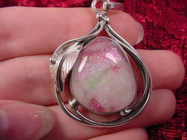 (#D-211) DICHROIC Fused GLASS SILVER Pendant WHITE PINK GREEN SHIMMER SP... - £61.83 GBP