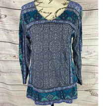 Lucky Brand Floral V Neck Top Women Size S Stretch Knit Lace Boho Peasant - £8.63 GBP