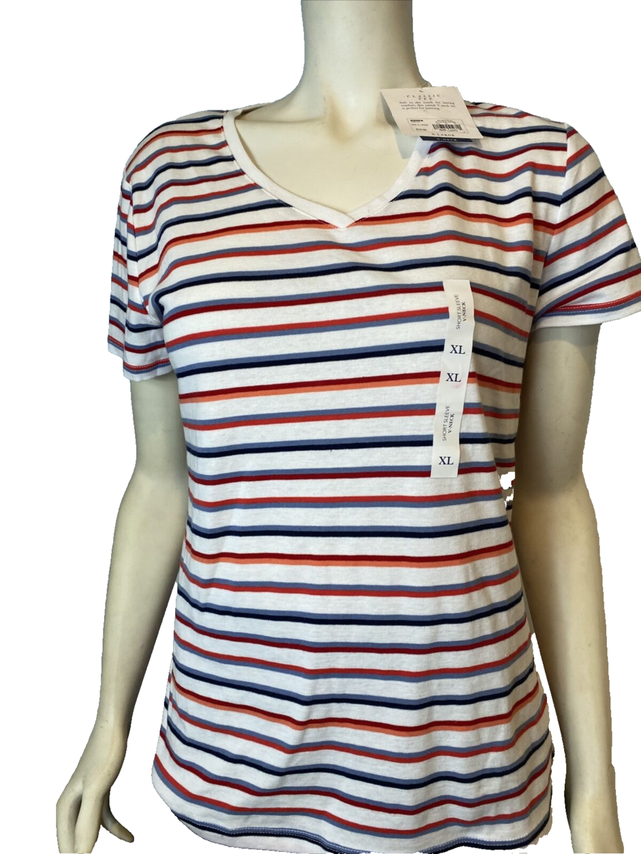 Croft &amp; Barrow White, Red, Blue Striped V Neck Short Sleeve T Shirt Size... - $17.20 CAD