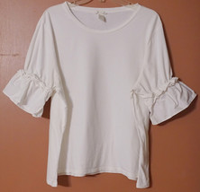 H&amp;M WHITE  SOFT 100% COTTON RUFFLE 3/4 SLEEVE PULLOVER BLOUSE TOP T-SHIR... - £7.75 GBP