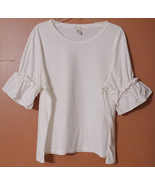 H&amp;M WHITE  SOFT 100% COTTON RUFFLE 3/4 SLEEVE PULLOVER BLOUSE TOP T-SHIR... - £7.81 GBP