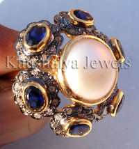 Victorian 1.52 ct Rose Cut Diamond Pearl Blue Sapphire Halloween Women&#39;s Ring - £731.30 GBP