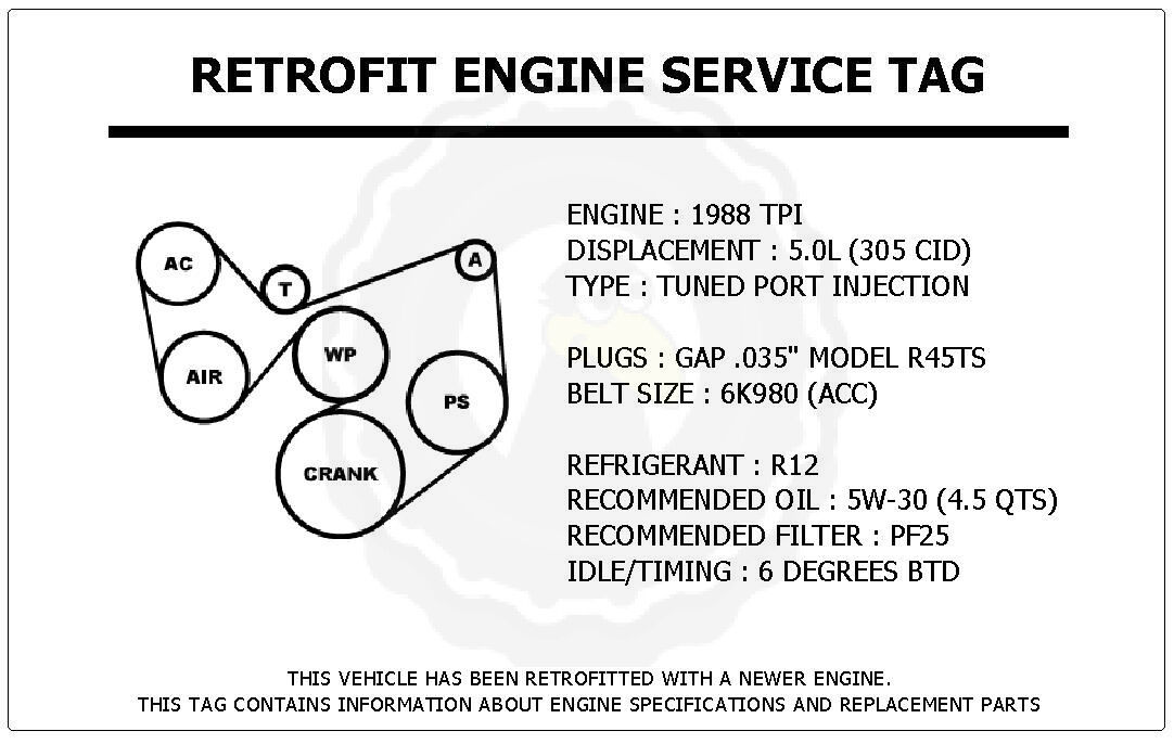 1988 TPI 5.0L Trans Am Retrofit Engine Service Tag Belt Routing Diagram ... - $14.95