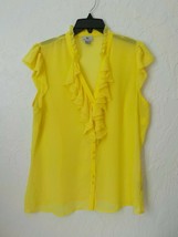 Worthington Yellow Chiffon Ruffles Blouse Women Size Large Sleeveless Button Up - £10.10 GBP