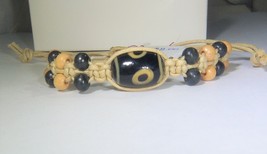 Bracelet Hemp Beige w/Glass and Wood Beads Adjustable Upcycled Handmade - £6.24 GBP