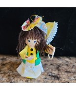 Wooden Doll Hanging Christmas Ornaments Yellow Parasol Black Yarn Hair V... - $7.91