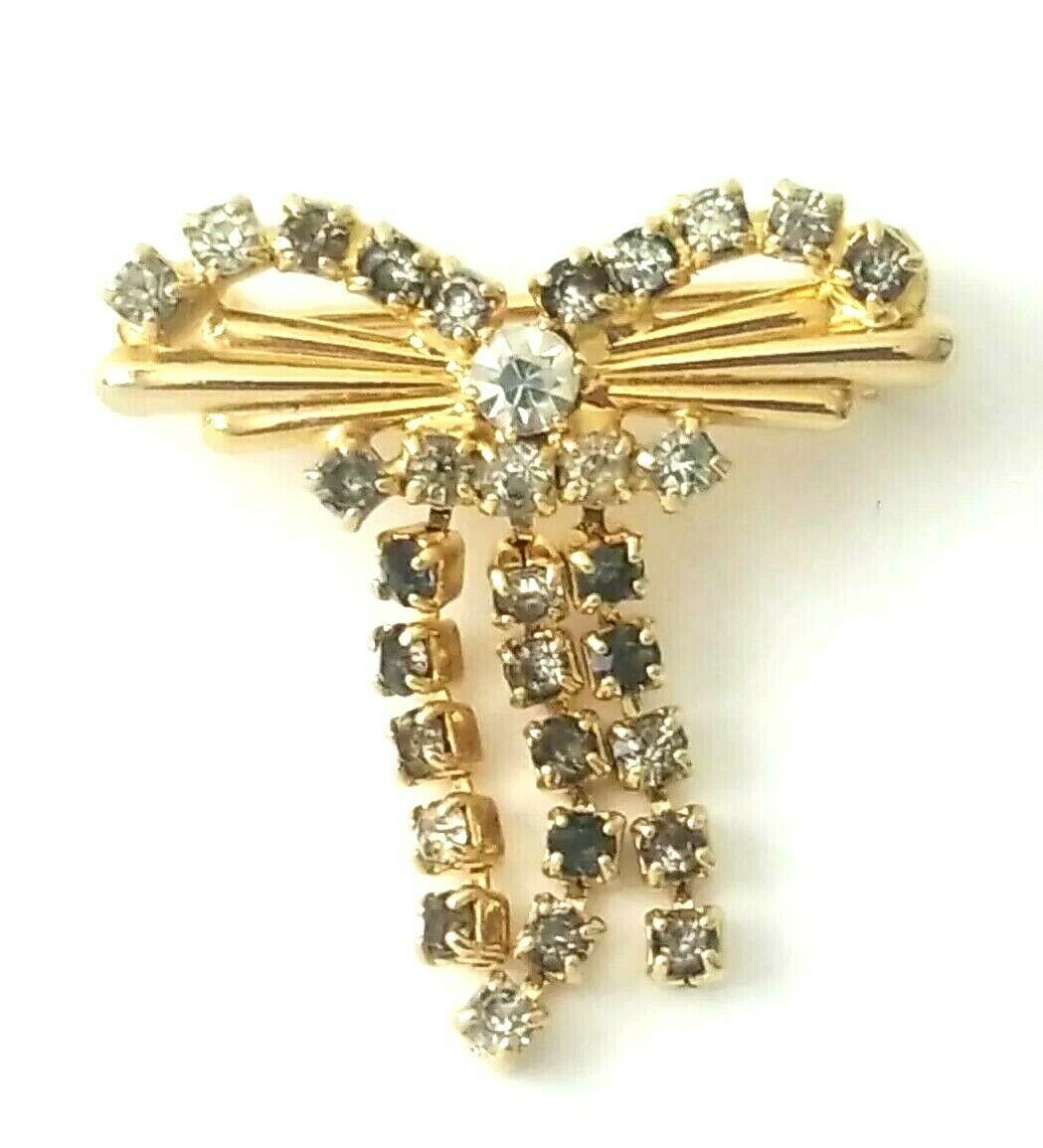 Primary image for Dangle Rhinestone Bow Gold Tone Brooch Pin Fashion Jewelry
