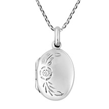 Simply Charming Floral Motif Oval-Shaped Sterling Silver Locket Necklace - £15.56 GBP