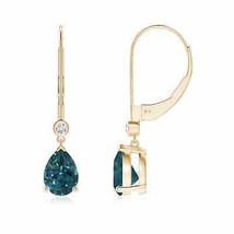 Teal Montana Sapphire Drop Earrings with Diamond in 14K Gold (Grade-AAA , 7x5MM) - £1,842.29 GBP