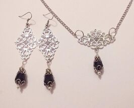 Silver Black Crystal jewelry set necklace earrings Victorian jewelry set... - $52.00
